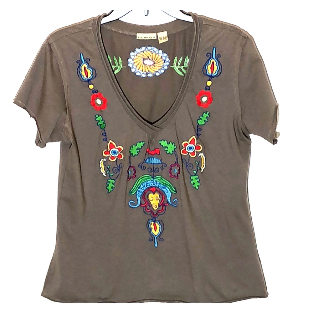 Putumayo Taupe Embroidered Tee Raw Hems Large